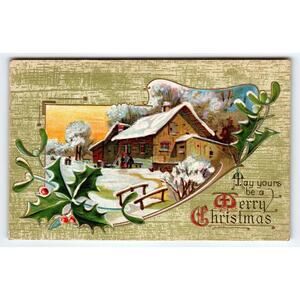 Vintage 1911 Embossed Merry Christmas Snowy Cottage Postcard